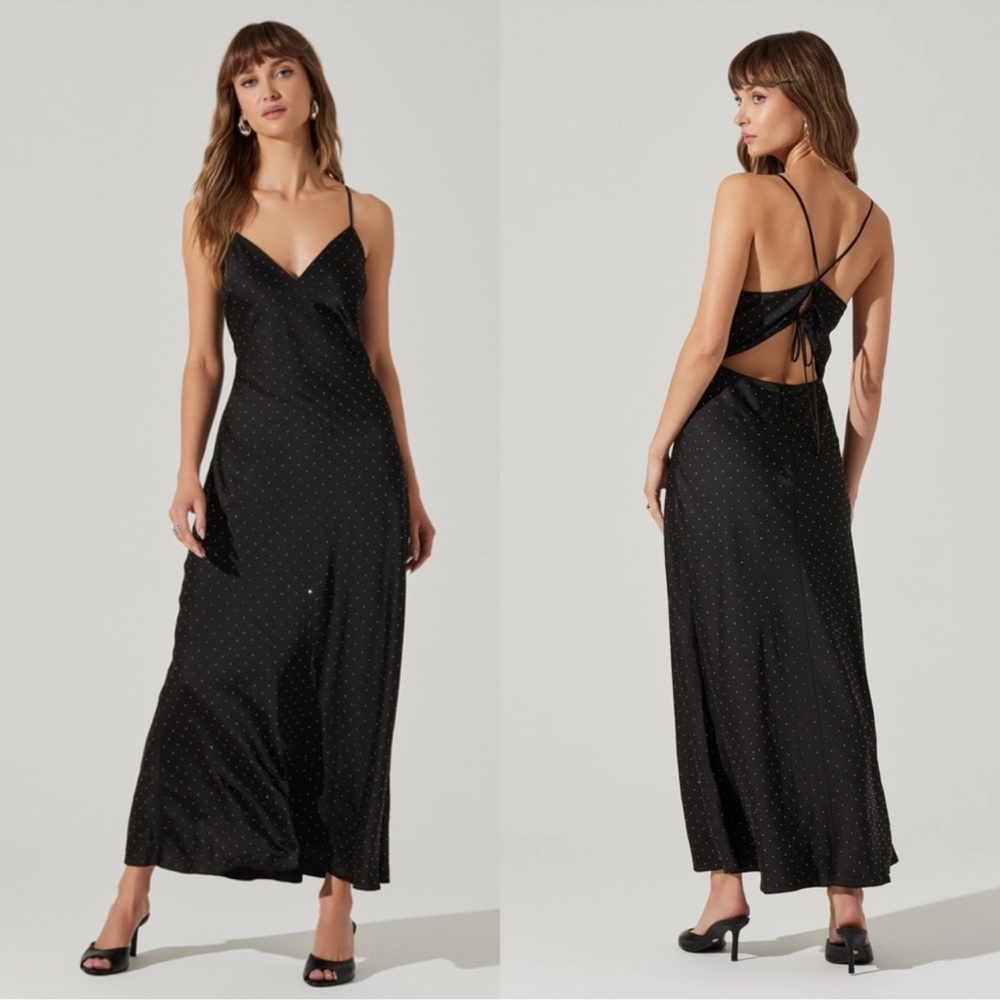 Astr The Brand spaghetti strap long black dress with faux diamond detail